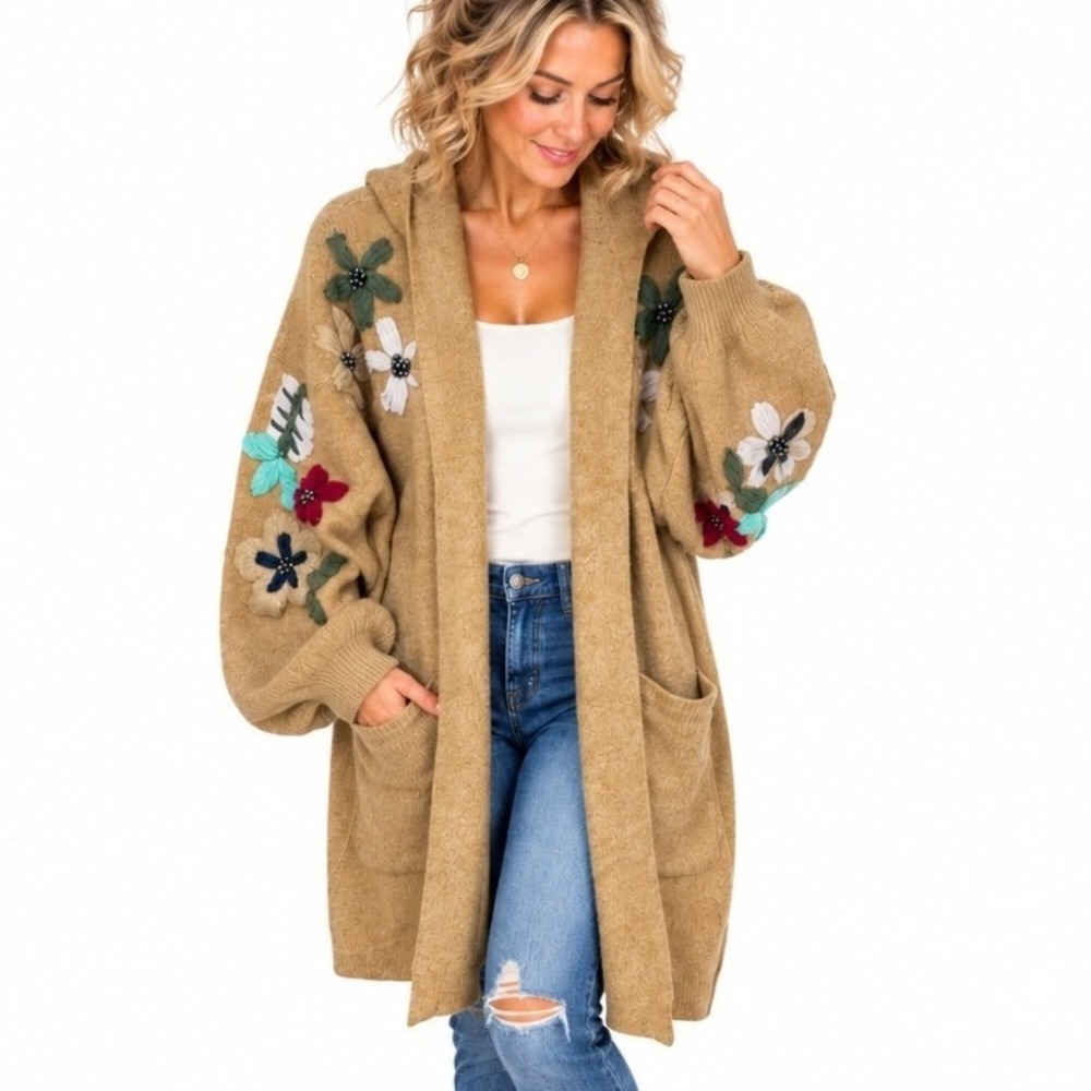 Simply Couture Floral Embroidered Hooded Longline Cardigan Camel Medium Large